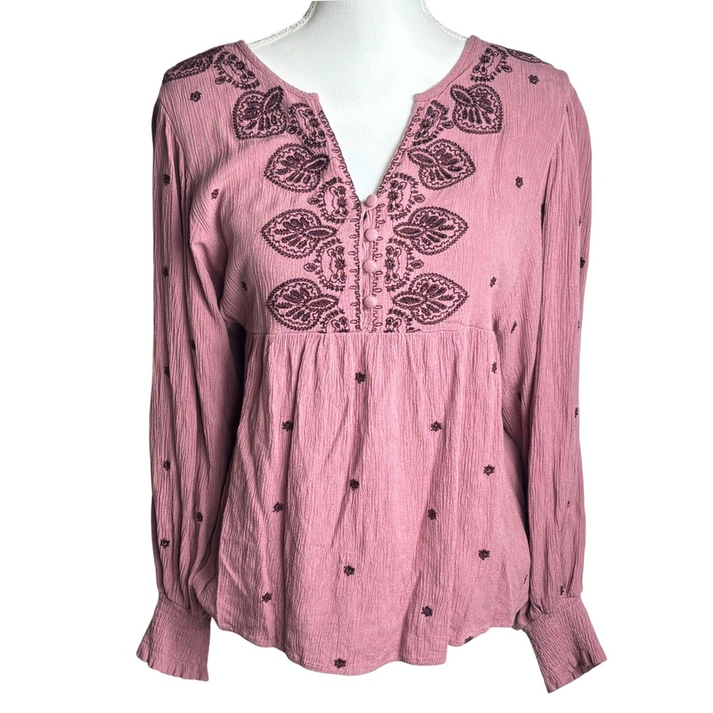 City Chic Embroidered Peasant Top Sz M XL Pink Mauve Smocked Cuff Boho Hippie